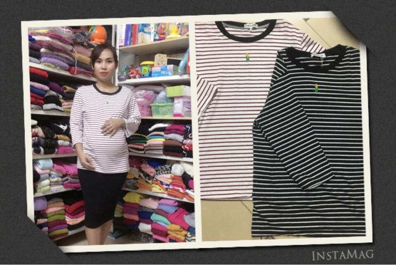 ÁO COTON KẺ NGANG CỔ TRÒN VIỀN ĐEN THÊU BẮP NGÔ