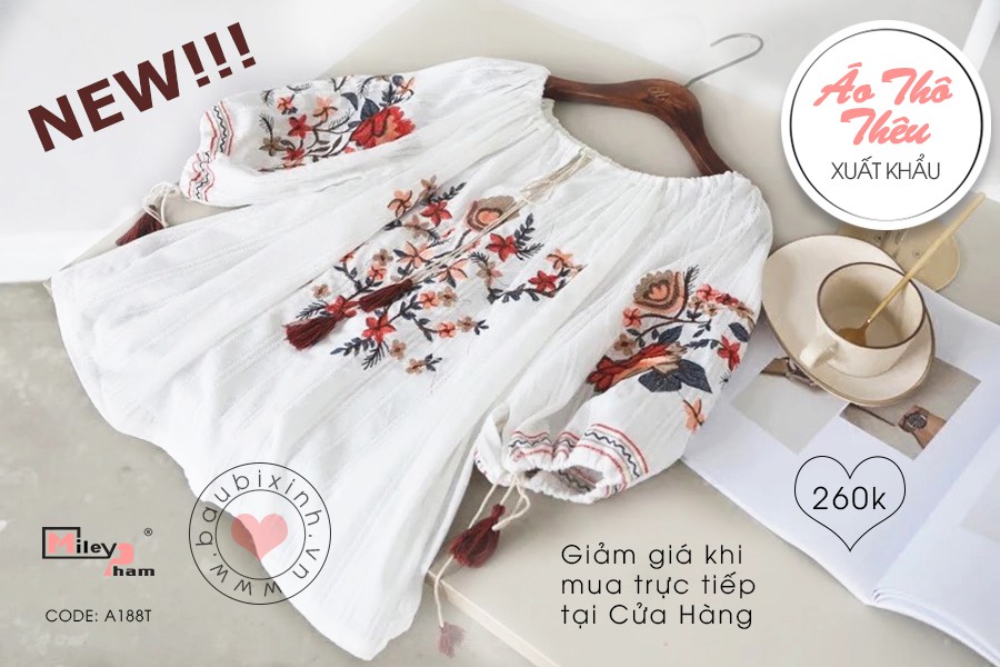 ÁO THÔ THÊU CHÌM NỀN TRẮNG THÊU HOA NỔI
