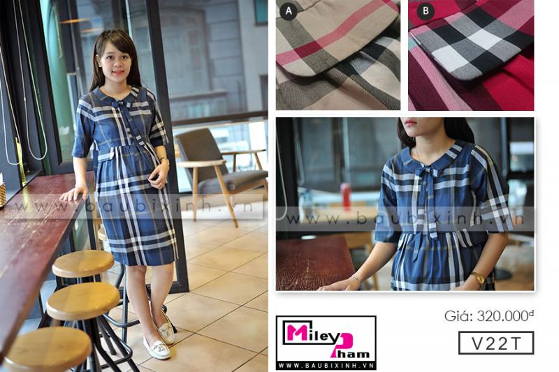 VÁY THÔ KẺ BURBERY CỔ PETER PAN BUỘC NƠ
