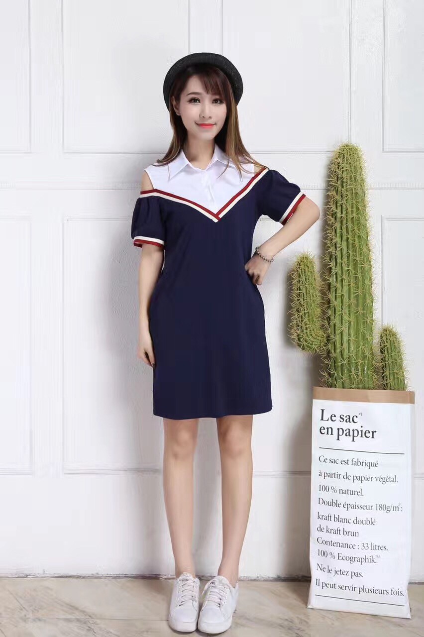 VÁY COTON SIÊU NHẸ CỔ SƠ MI TRẮNG VIỀN GUCCI