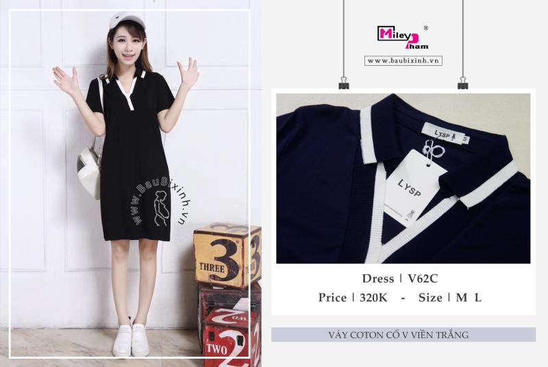 VÁY COTON CỔ V VIỀN TRẮNG