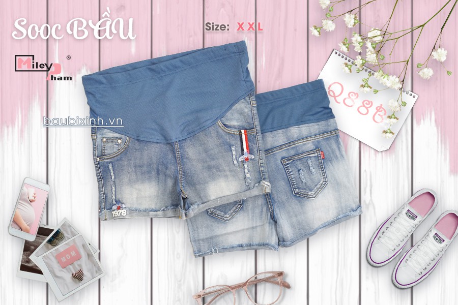 QUẦN SHORT JEANS BẦU MÀI RÁCH THÊU ONG